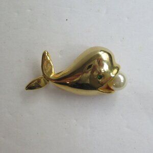 Whale with Faux Pearl Green Rhinestone Eye Brooch Pin Gold Tone Fashion Jewelry